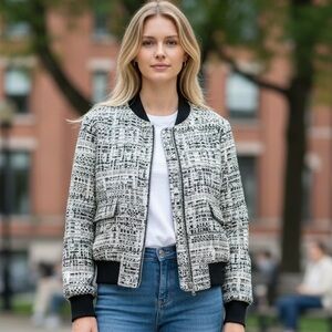 Badgley Mischka Black and White Patterned Bomber Jacket